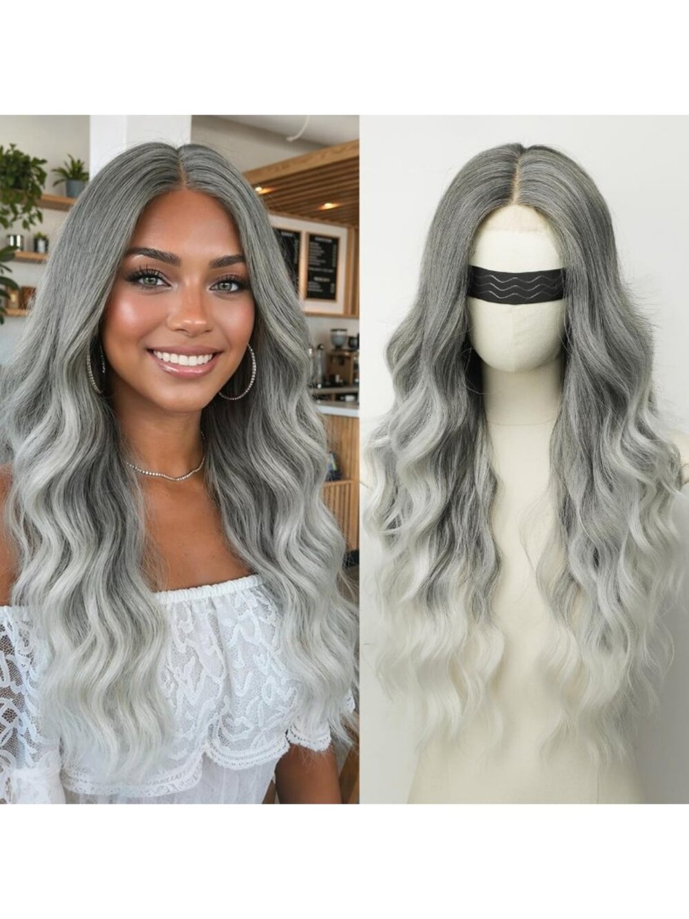 Long Silver Gray Ombre Wavy Wig - 26" Heat-Resistant Synthetic Hair, Natural